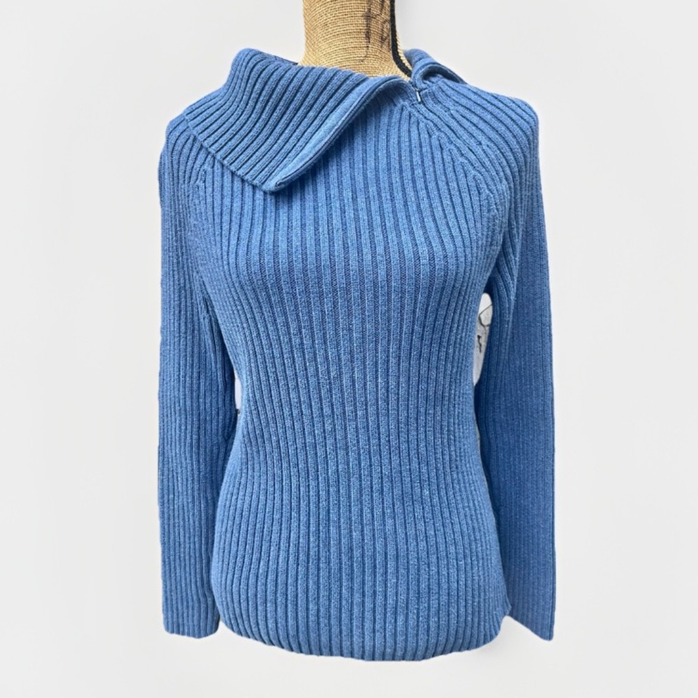 Carole Little 100% Cotton Knit Sweater Adjustable Neckline Blue Size Large